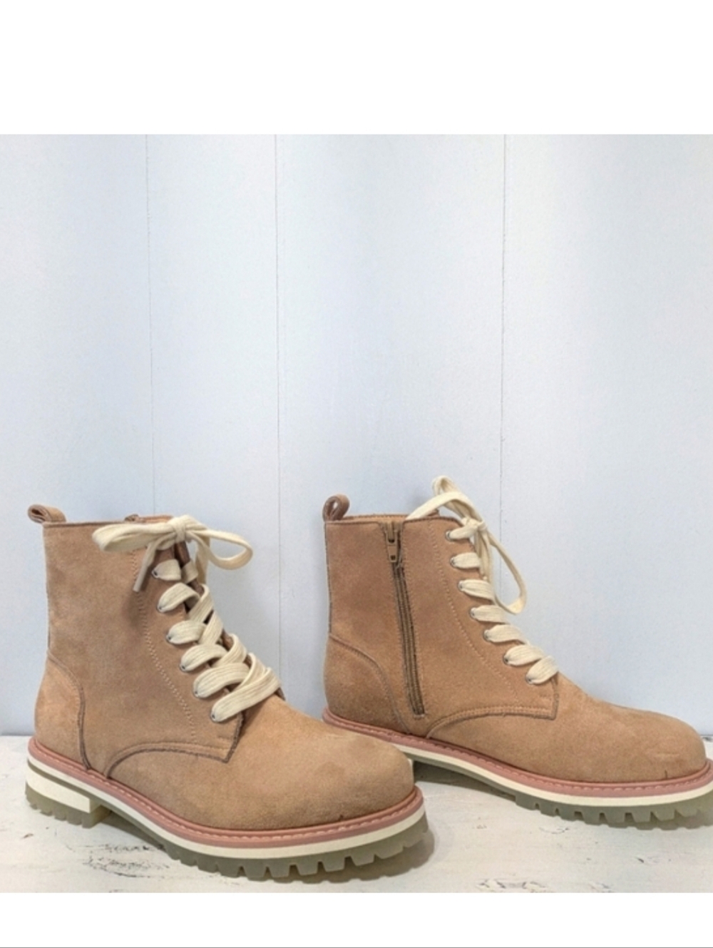 Oasis Society Tatum Nude Faux Suede Lace Up Combat Boots Side Zip Size 7